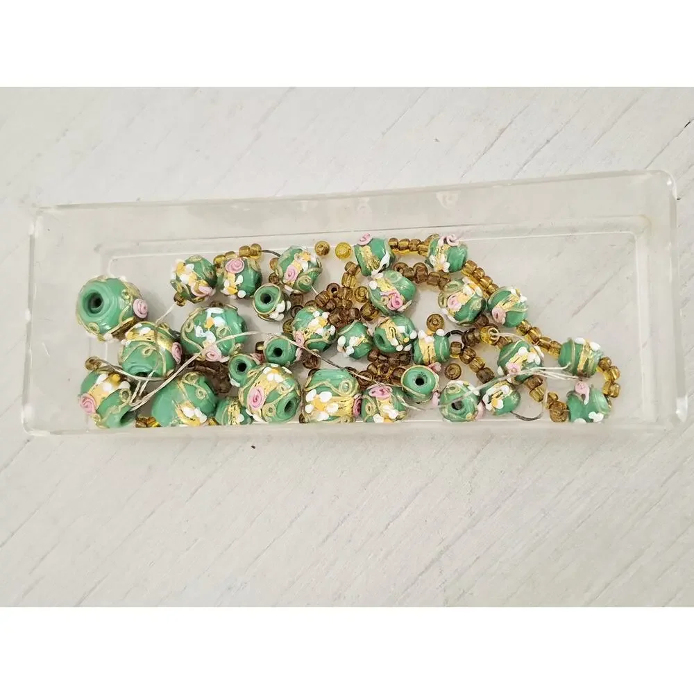 Vintage Light Green and Pink Hand Painted Italian Lamp work Beads